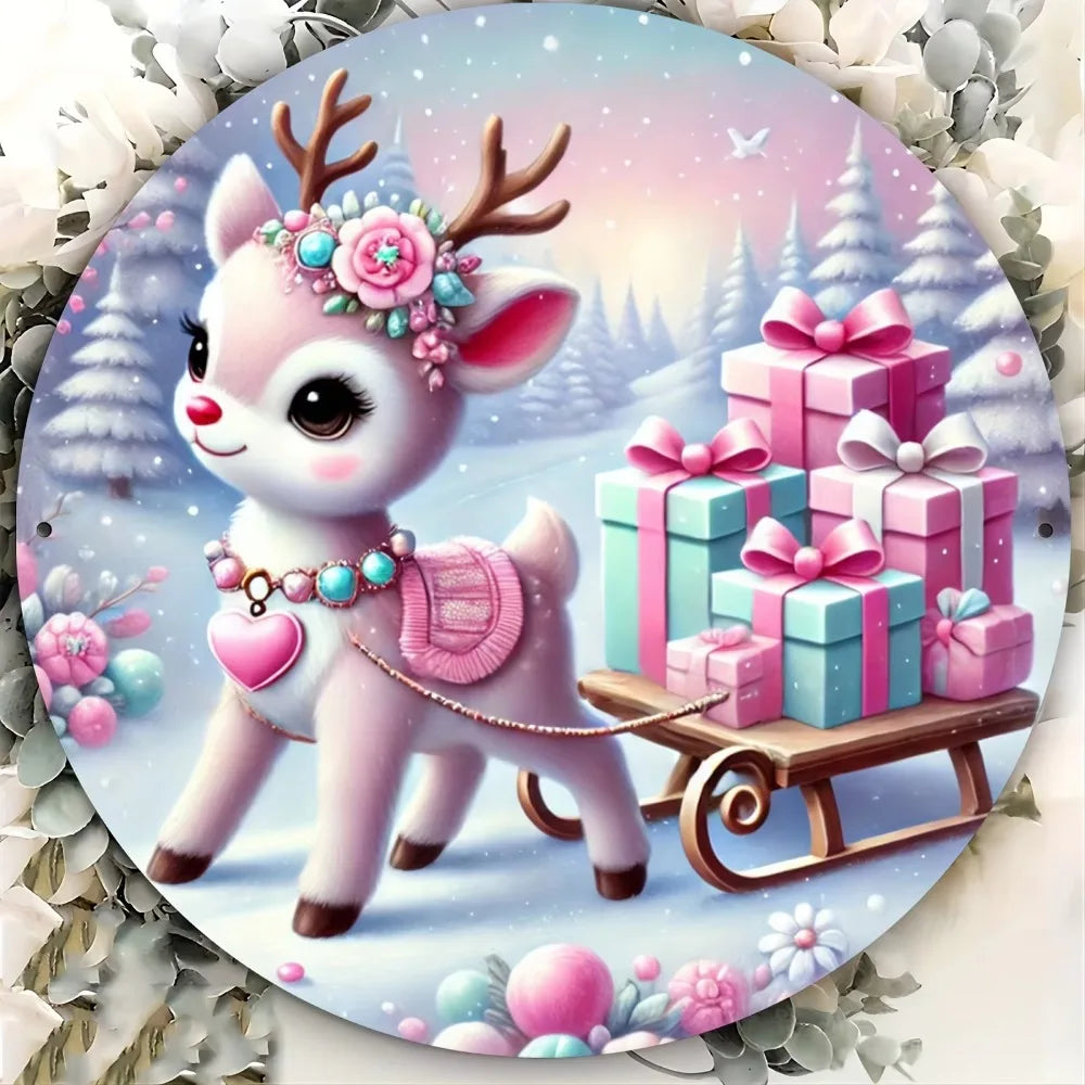 Vintage Pink Christmas Round Sign Foil Engraved Wall Art with Festive Deer, Sleigh & Holiday Gifts Design