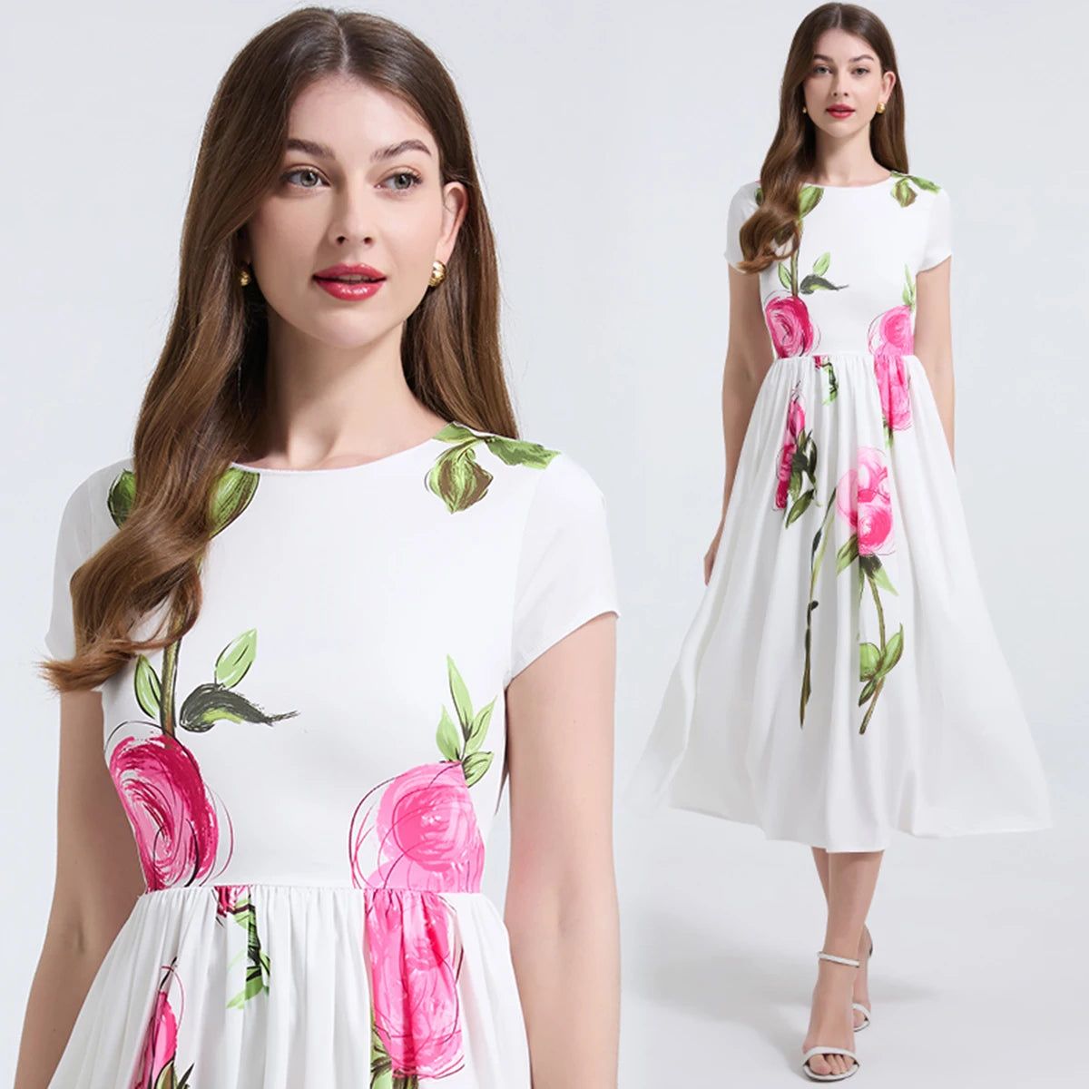 Summer French Women's Retro Pink Flower Waist Cinching Slimming Big Swing Dress Elegant Anti-aging Short Sleeved Skirt