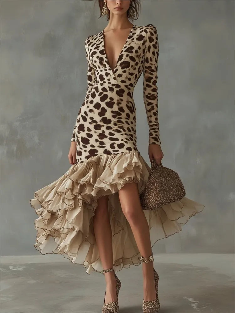 Women Sexy Deep V Neck Leopard Print Slim Fit Long Sleeve Dress Fashion Mesh Splicing Hem Autumn