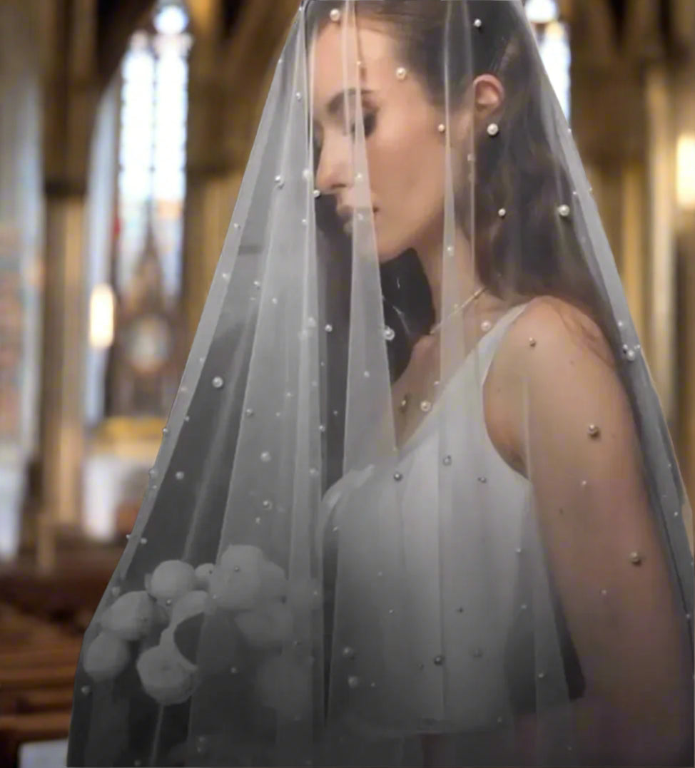 Pearls Bridal Veil 2 Tiers Blusher Wedding Veil Face-Covered With Comb White/Ivory Cathedral 300cm