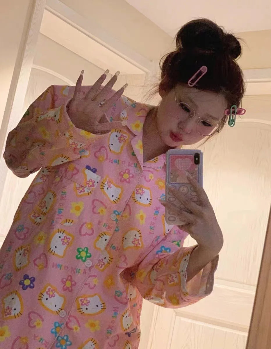 Hello Kitty 2Pcs Pajamas Set for Women Long Sleeve Tops Pants Loungewear