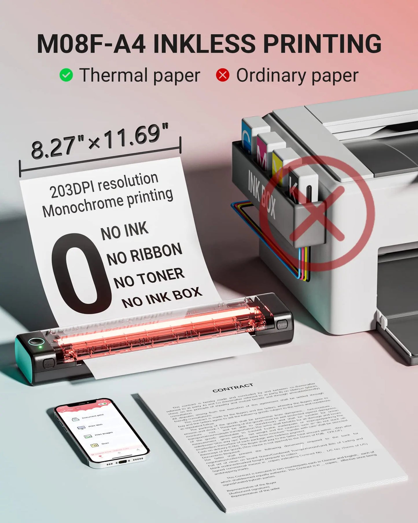 M08F Portable Phone Travel Home Wireless Thermal Printer Bluetooth Use A4 Mobile Printer for Laptops Inkless