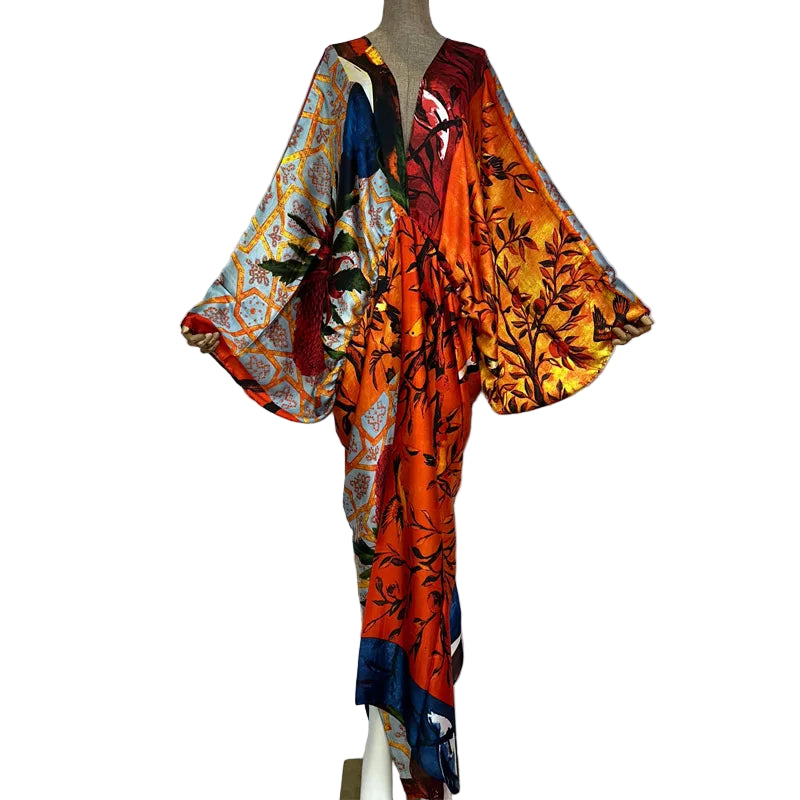Sexy Silk Long Maxi Robe Women V-neck Bohemian Dress