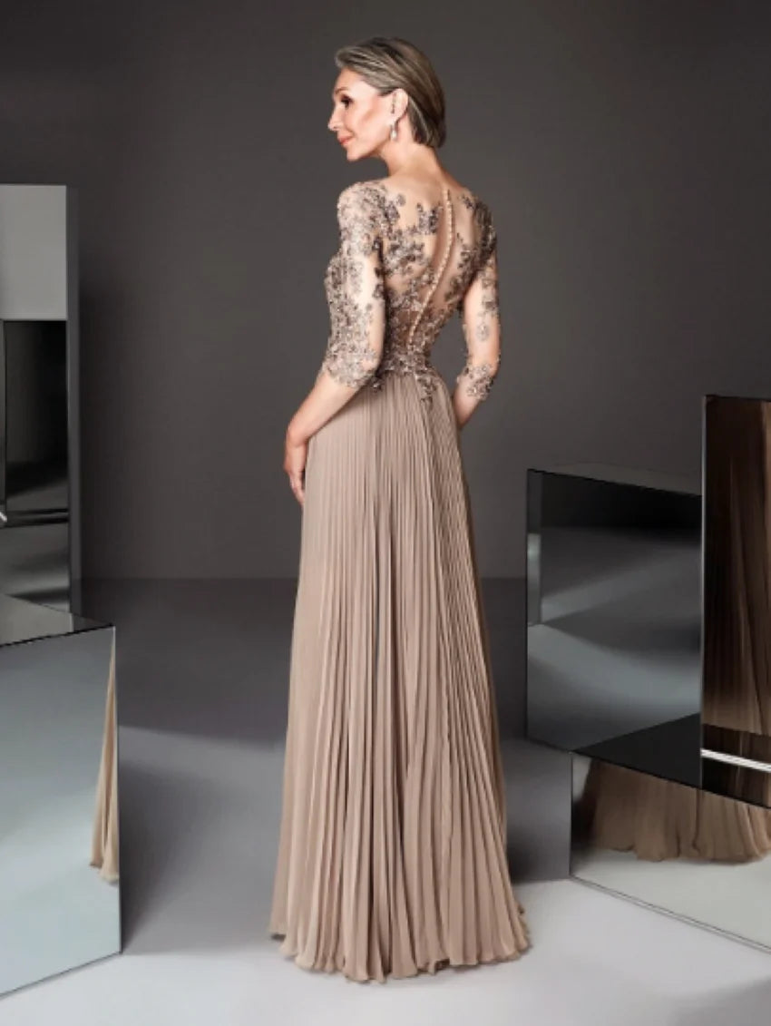 Wedding Party Guest Evening Dresses Femme Robe De Soiree Elegant Champagne Gold Ruched Half Sleeve Long Prom Gown