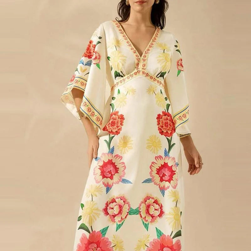 Summer Tropical Plant V-Neck Bohe Elegant Half Sleeve Loose Party Dress A-line