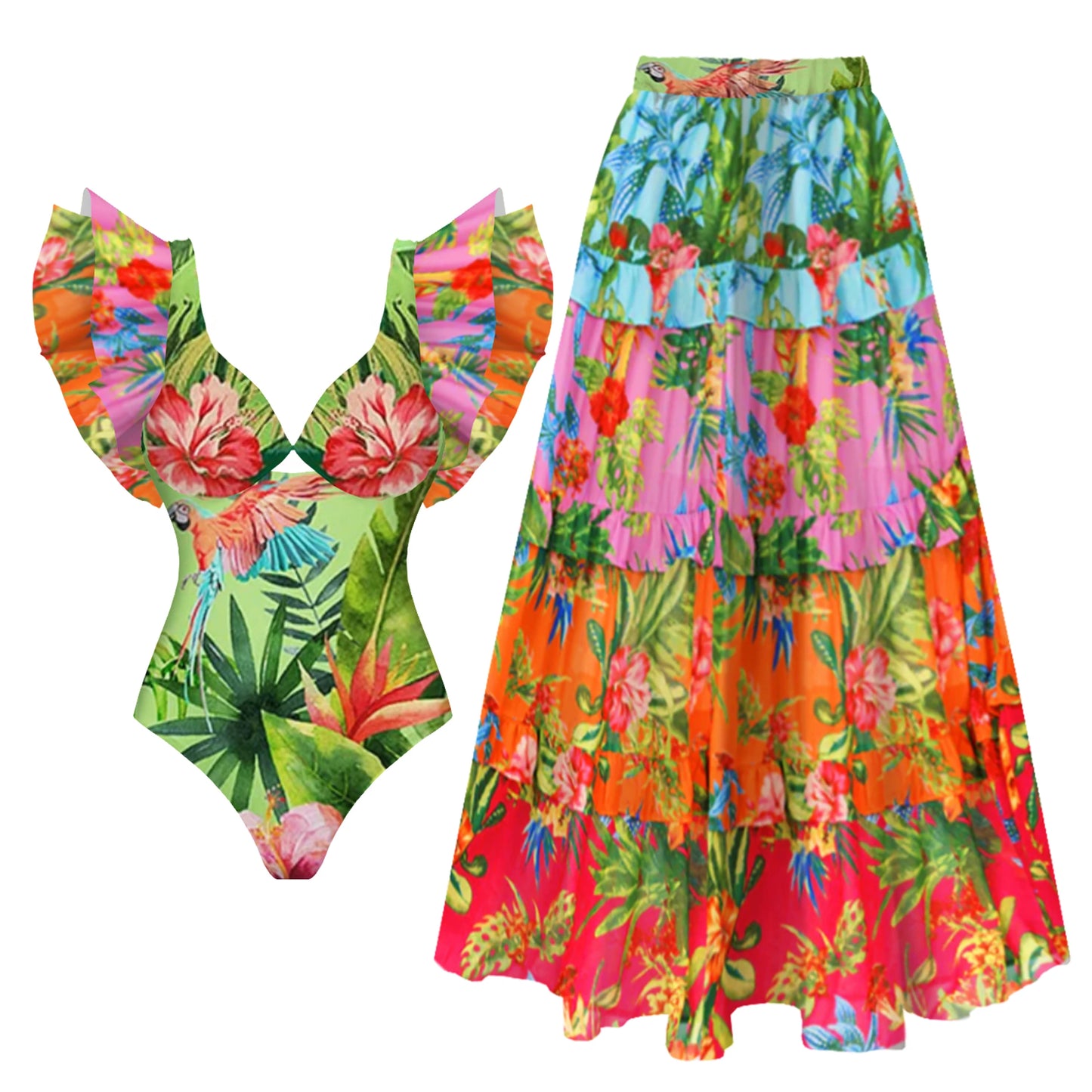 2-Piece Shoulder Ruffle Swimsuit With Cover Up Sexy Beachwear