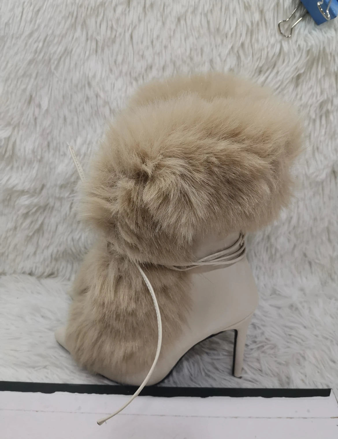 Pointed Toe Fur Mid Calf Boots Sexy Stiletto Heels Ankle Straps Fashion Warm Winter Plush