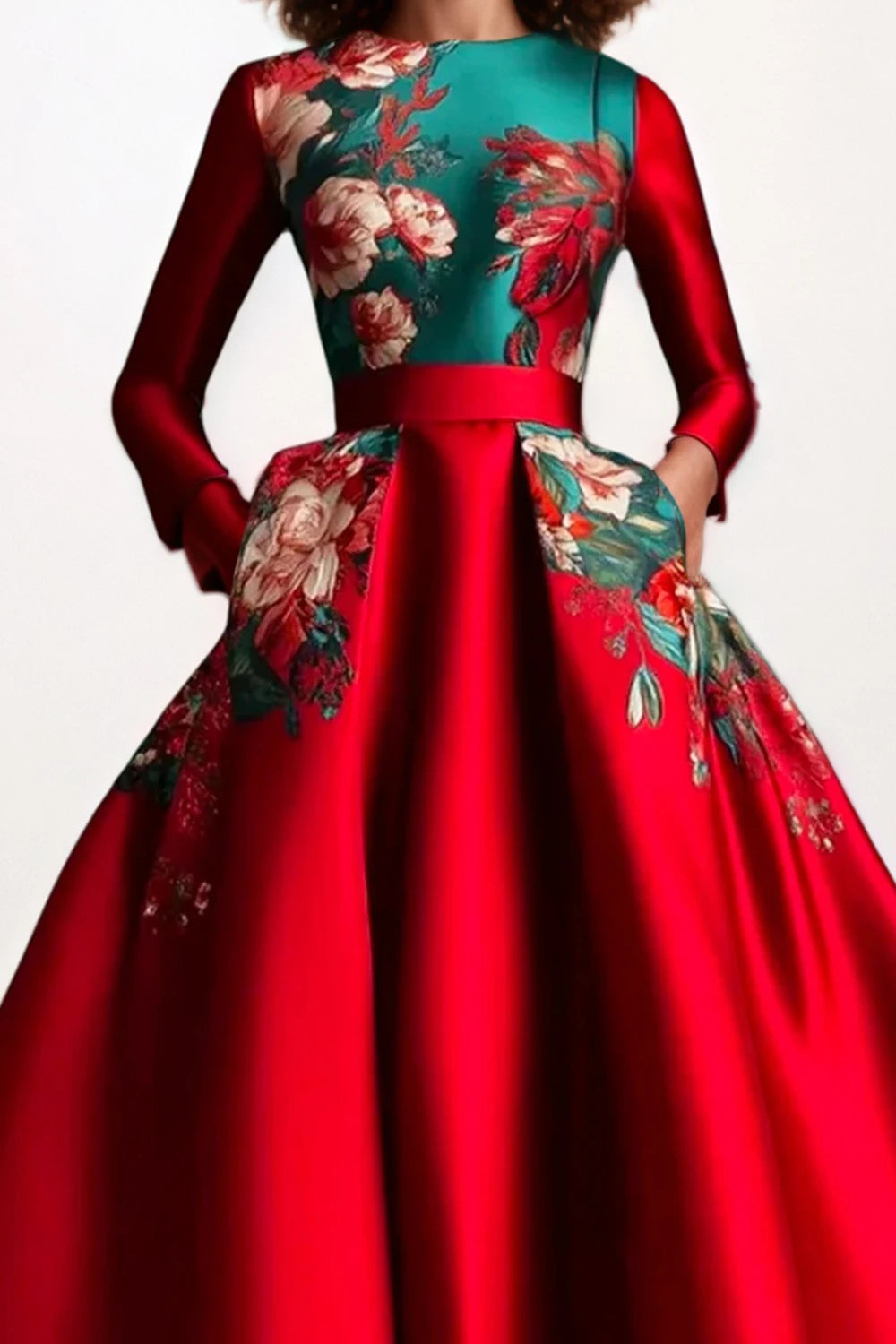 Women Elegant Satin A-Line Long Sleeve Round Neck Floral Printed Pockets Dress