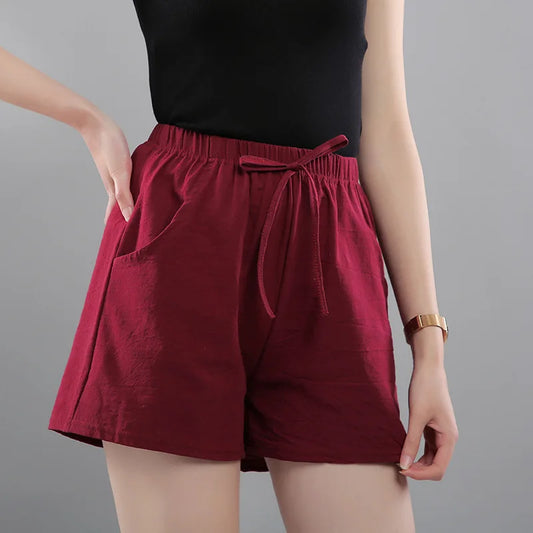 Women Summer Shorts Korean Wide Leg Casual Solid Drawstring Elastic Waist Cotton