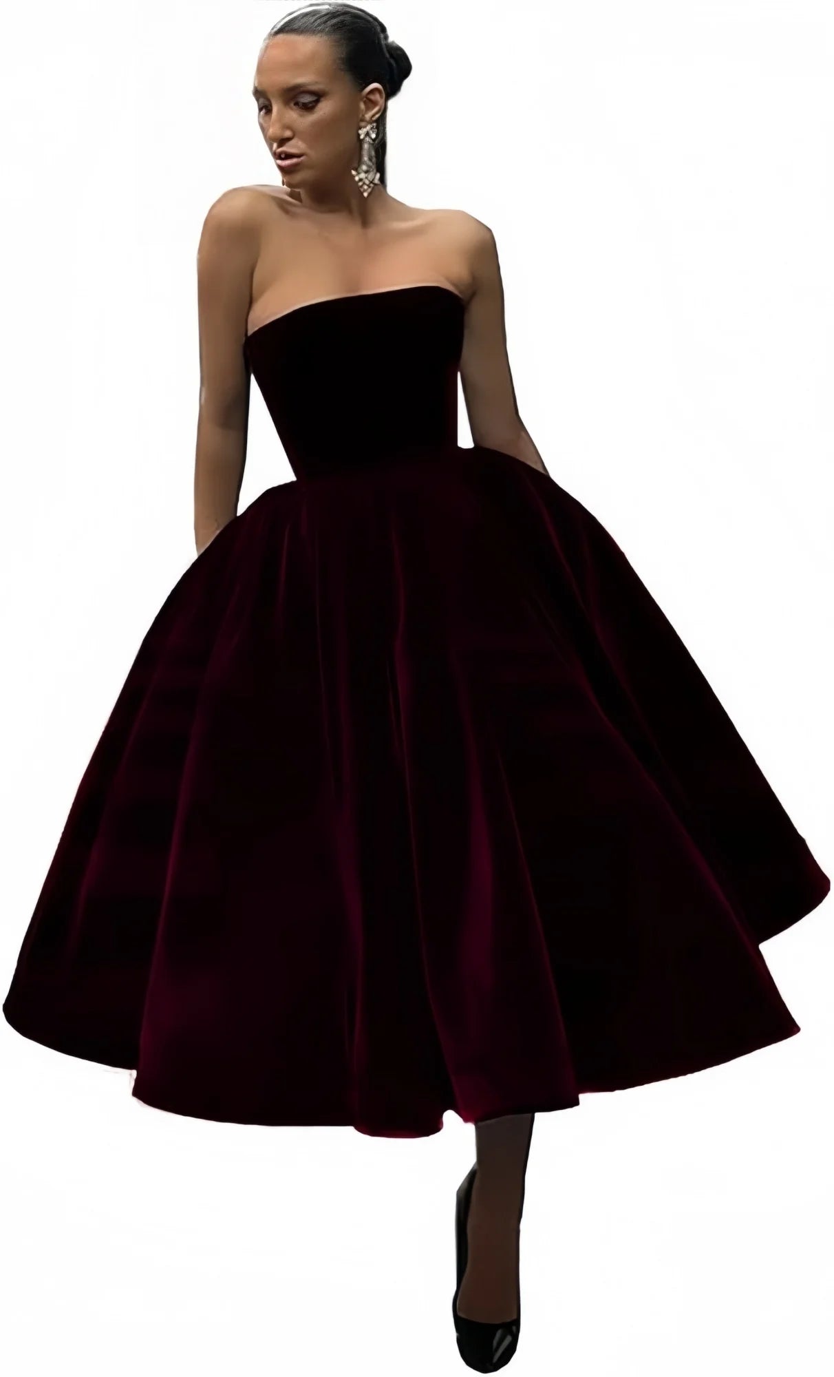 Dark Red Velvet Midi Prom Dresses A-Line Strapless Crystals Pleated Velour Knee Length Formal Party Dresses