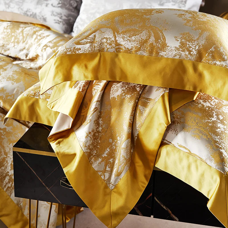 4/6Pcs Luxury Beige Gold Brocade Jacquard Egyptian Cotton Bedding Set Duvet Cover Flat/Fitted Bed Sheet Pillowcases