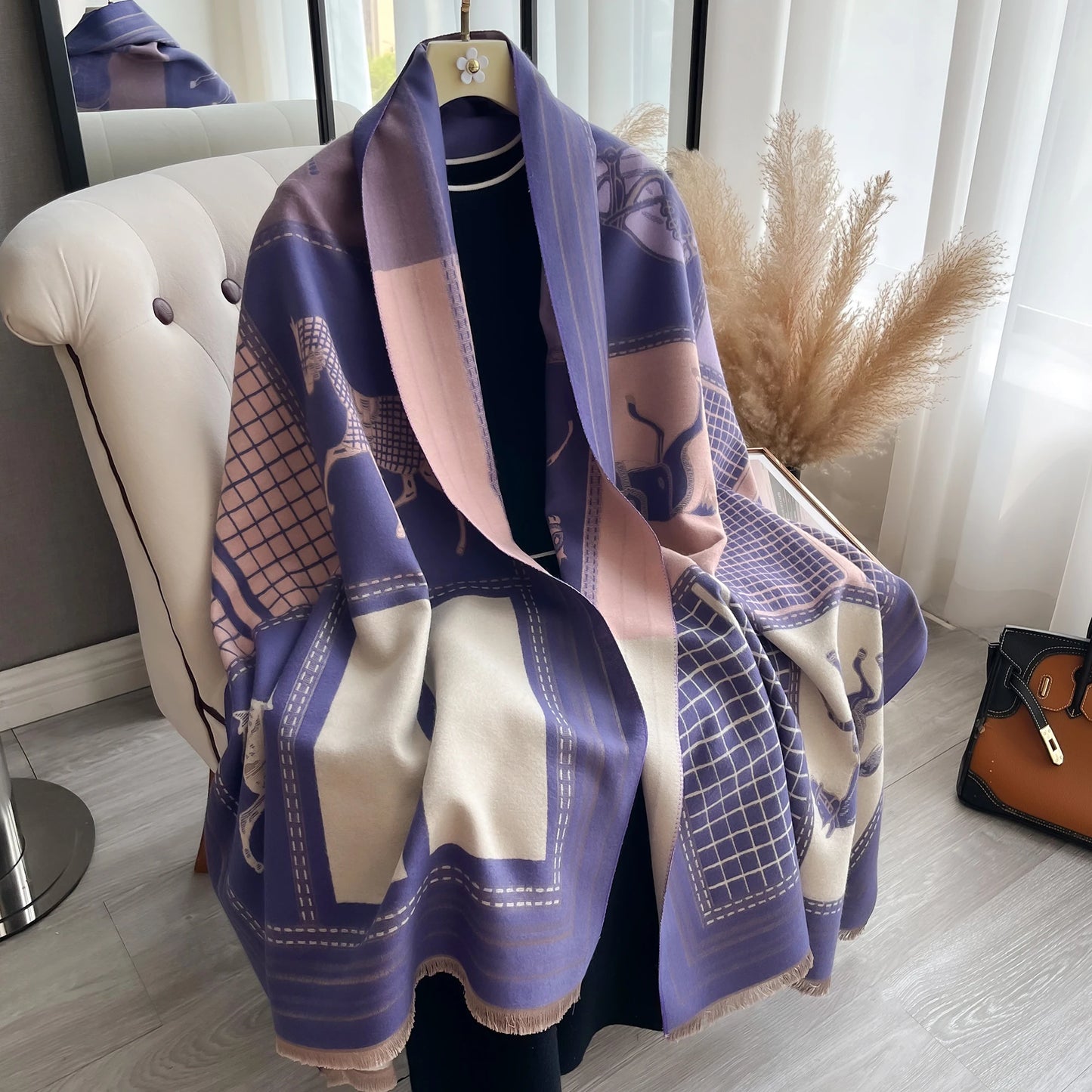 Luxury Women Thick Winter Cashmere Scarf Horse Print Warm Pashmina Poncho