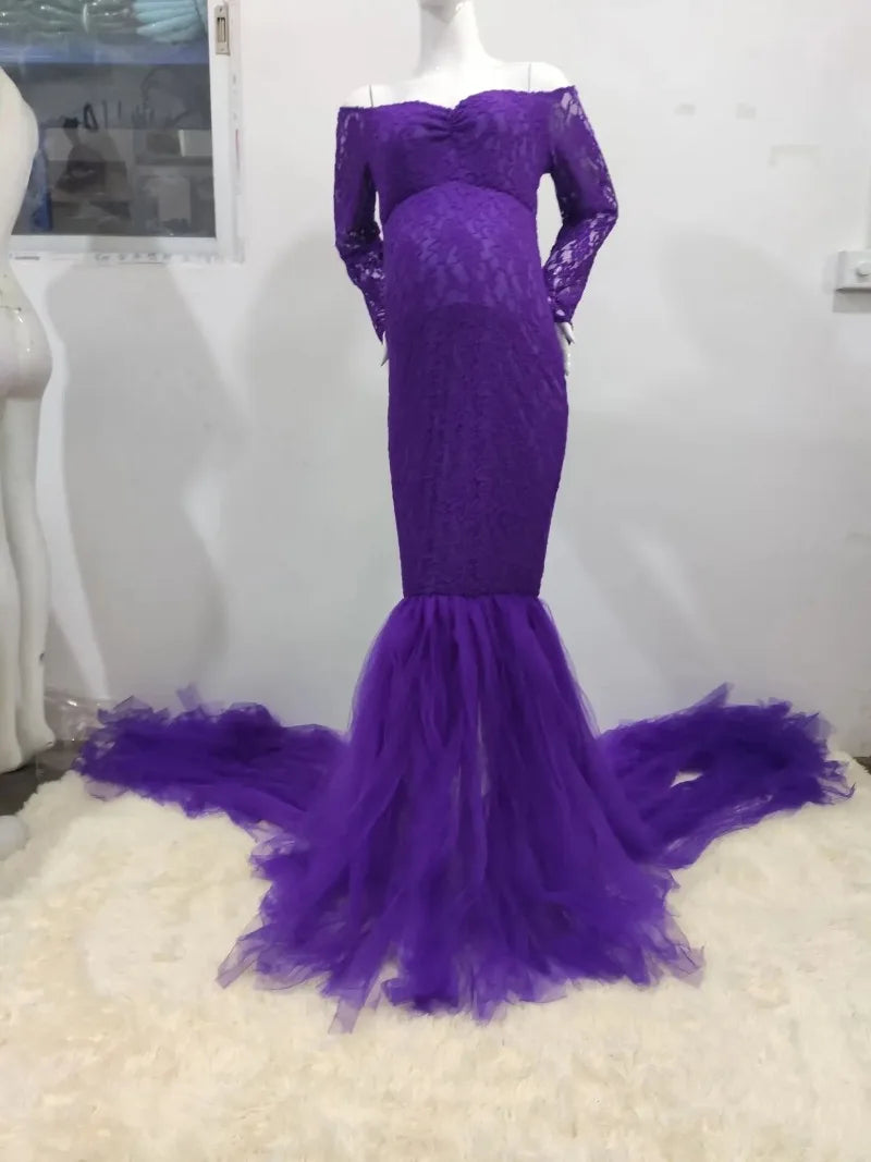 Sexy Lace Off shoulder Pregnancy Dress Photography Props Maxi Gown