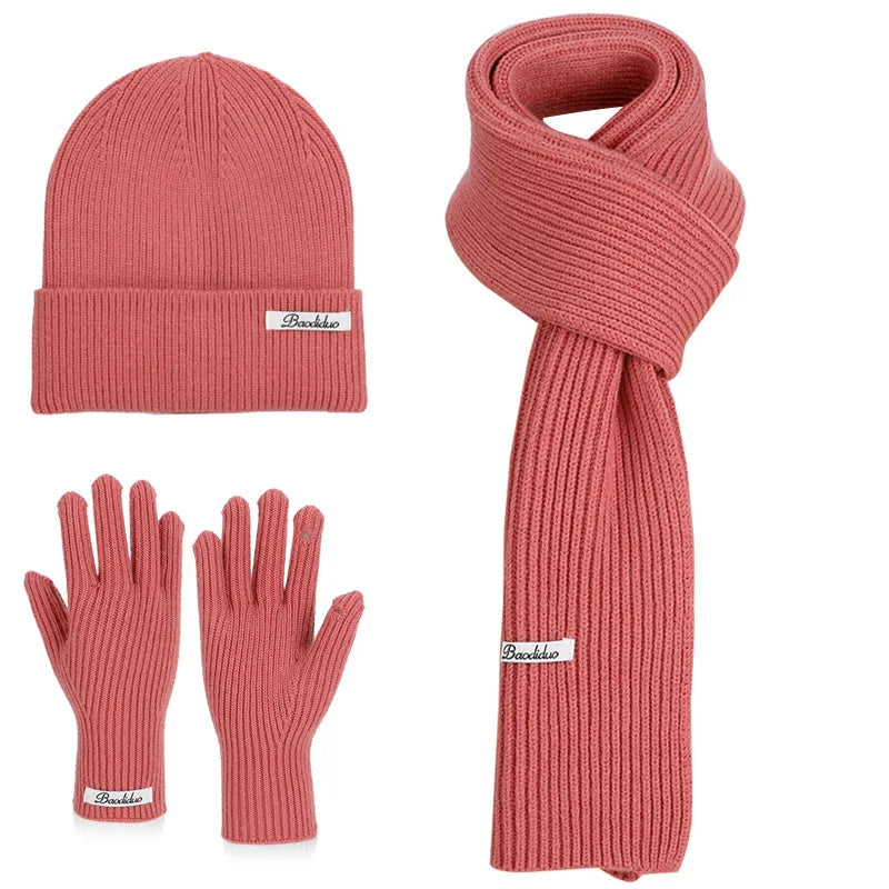 Winter Warm Knitted Hat Scarf Gloves Women's Windproof Three-piece Set
