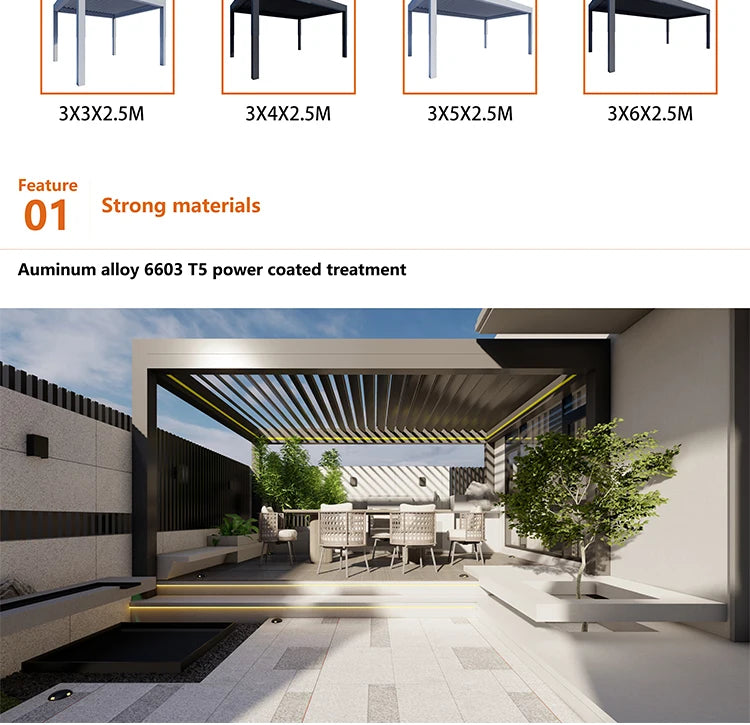 Aluminum pergola, rainproof, electrically adjustable gazebo, electric louvered awning, outdoor patio sunshade.