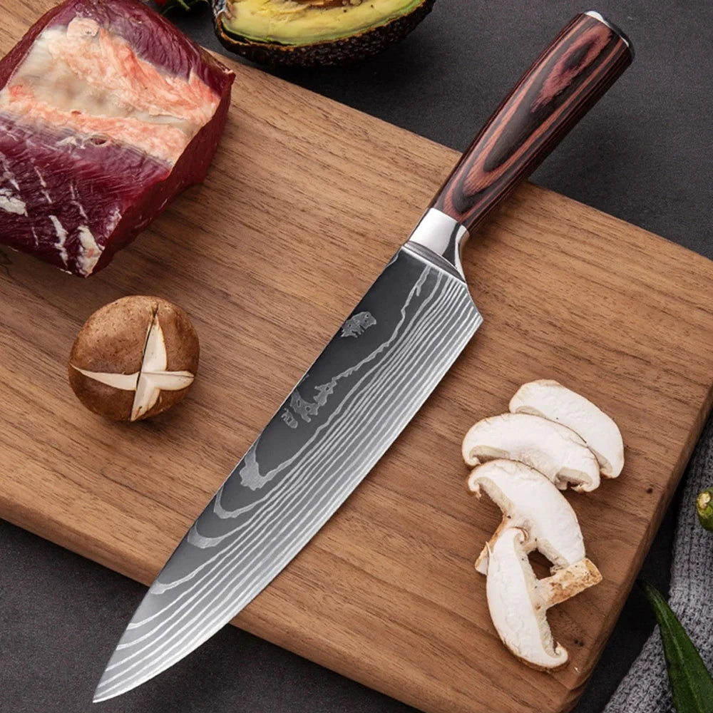 Damascus Laser Steel Kitchen Chef Knives with Shear Cutter and Wooden Handle
