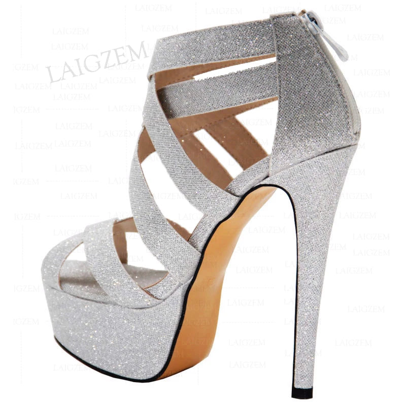 Women Platform Sandals Open Toe Bling Glitter Back Zip Up Party Sandal Pumps Shoes Big Size 34 41 45 47