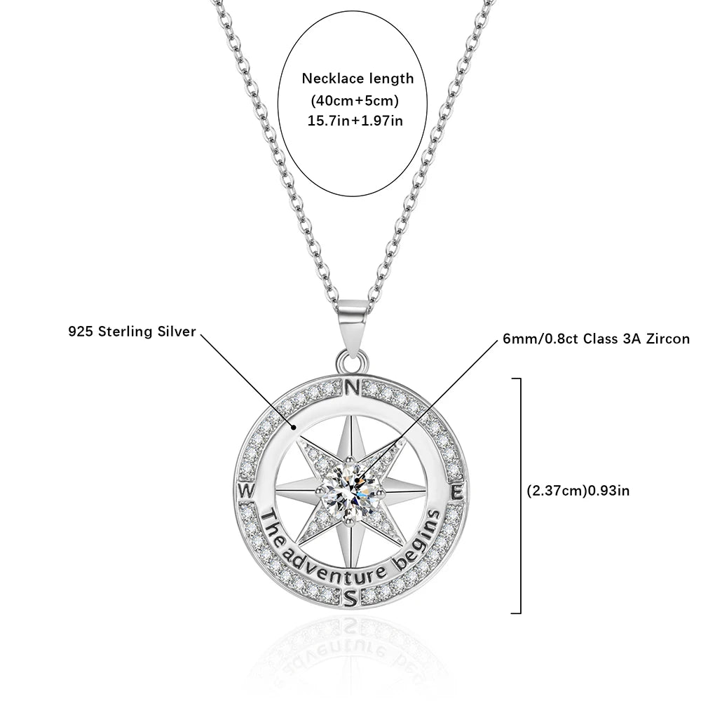 925 Sterling Silver Necklace Compass Necklace with Cubic Zirconia Stone for Women High Quality Jewelry