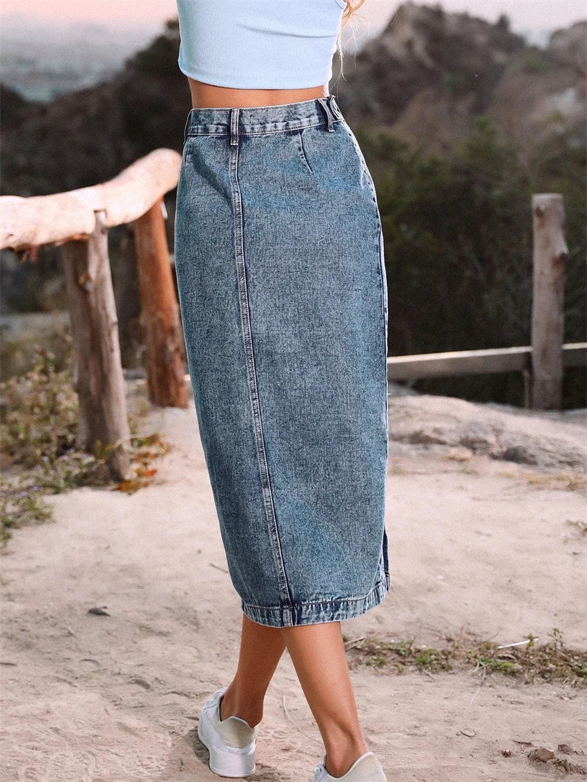 Women Denim Jean Maxi Skirt Side Split