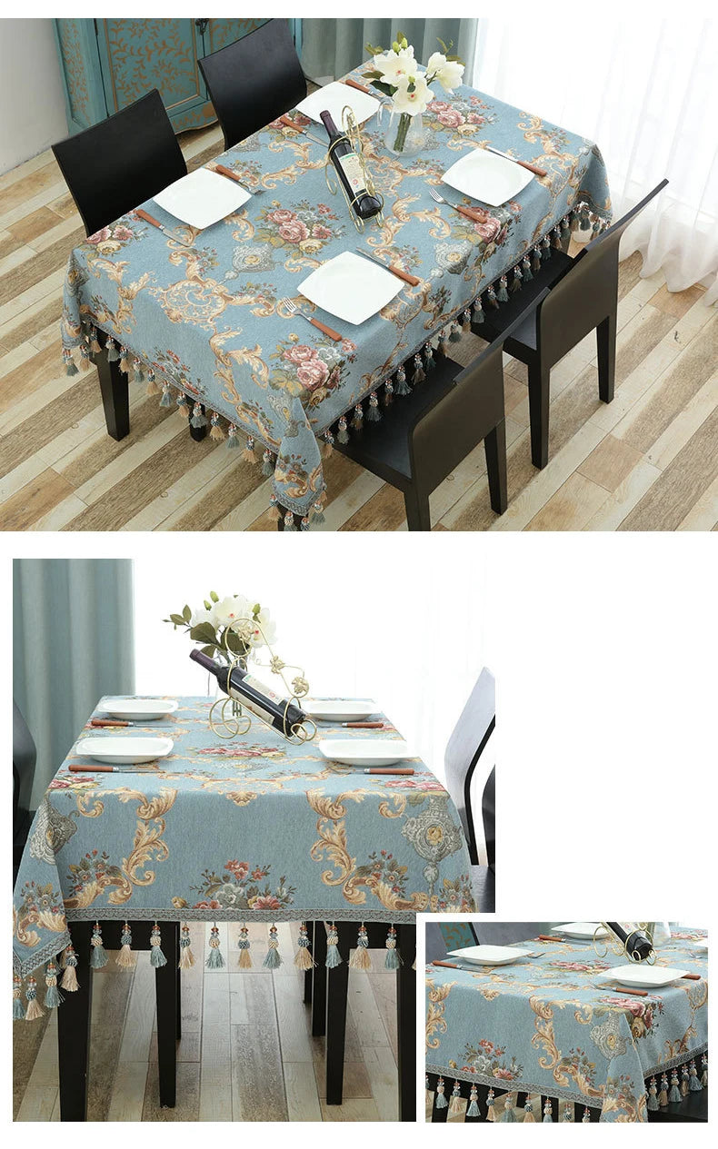 Luxury Jacquard Tablecloth with Tassel Pendant Chenille Fabric Rectangular Table Cover European Living Room Coffee Table Cloth