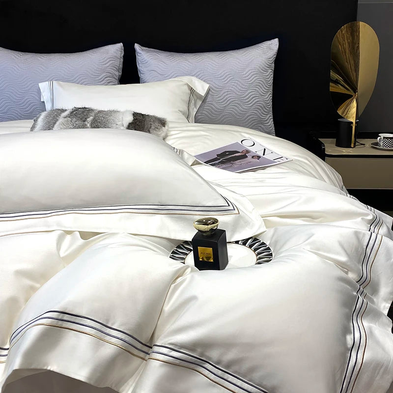 Luxury Three-line Embroidery Solid Color 1000TC Egyptian Cotton Bedding Set Duvet Cover Bed Sheet/Fitted Sheet Pillowcases 4Pcs