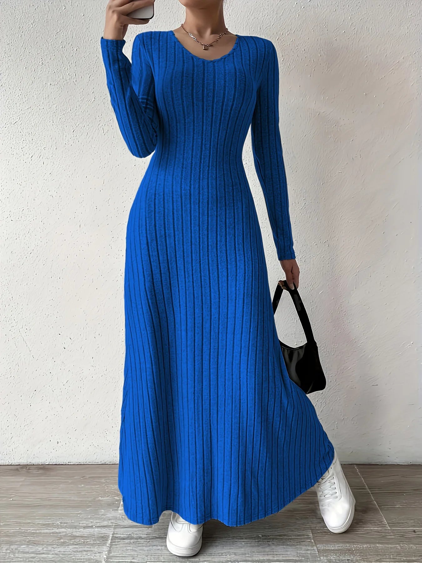 Women Knitted Elegant Winter Maxi Dress O Neck Long Sleeves