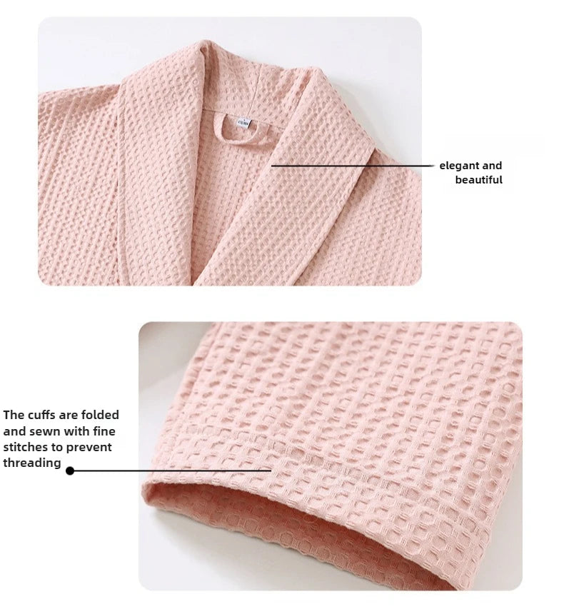 Solid Color Cotton Spring and Autumn Waffle Couples Mid-long Yukata Bathrobe Homestay Hotel Couple Soft Bathrobes