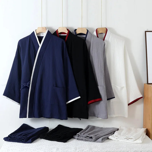 Pure Cotton crape Kimono Pajamas Men Sleepwear Autumn Long Sleeve Home Wear