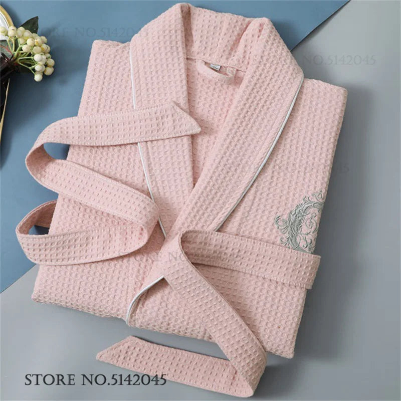 Waffle 100% Cotton Sleepwear Hotel Embroidery Kimono Bathrobe Gown