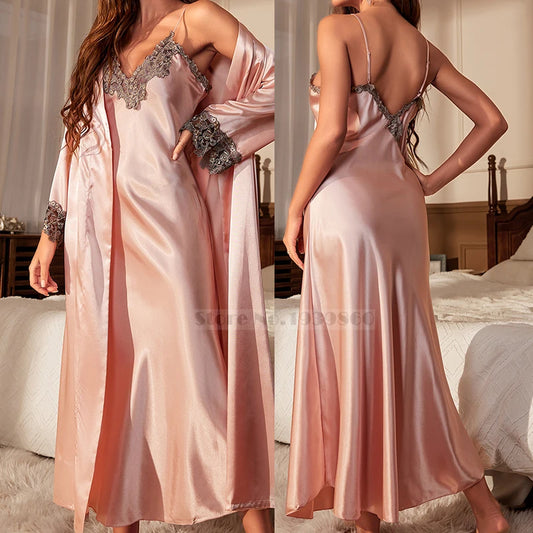 Women Silk Nightgown Set Spring Summer Kimono Bathrobe
