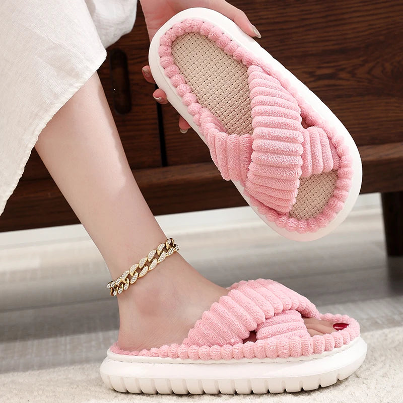 Winter Women Slippers Open-Toe Cross Band Linen Soled Indoor Non-Slip