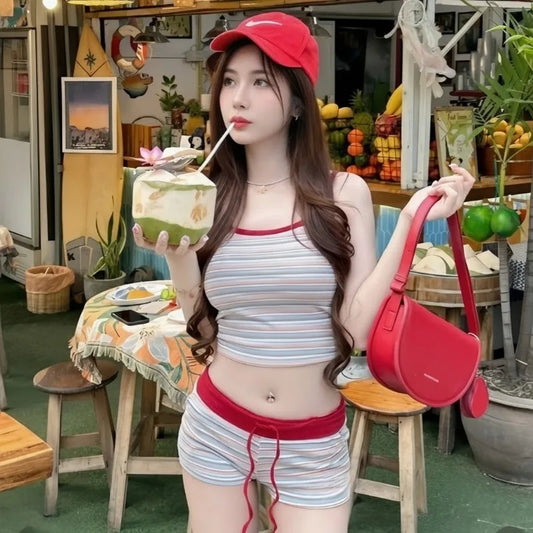 Korean Style Striped Bikini Set Women Cute Yet Sultry Halter Top High Waisted Shorts Tummy Control for Beach Vacation
