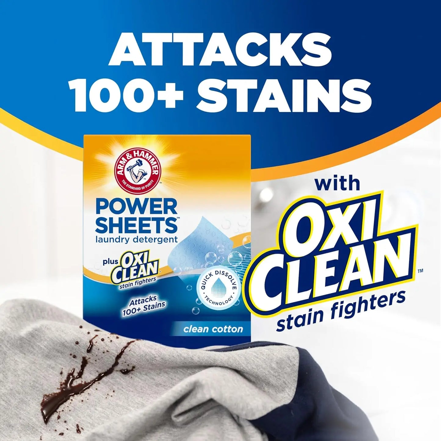 Laundry Detergent Sheets with OxiClean Stain Fighters, Clean Cotton Scent, 104 Medium Loads