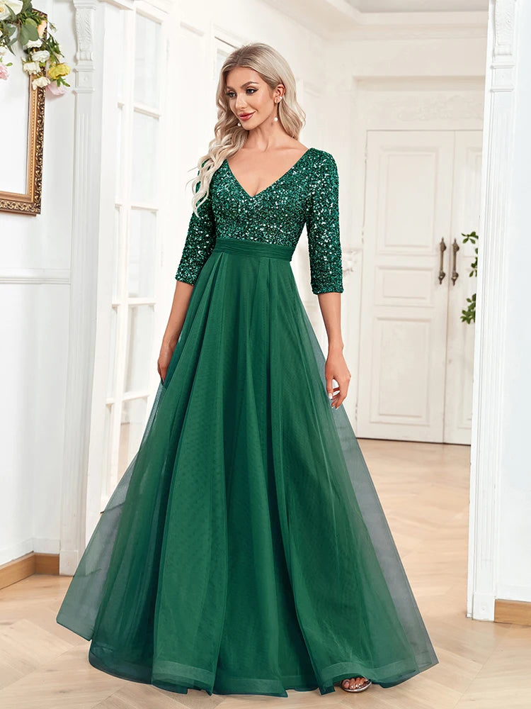 Luxury Floor Length V-Neck Evening Dress Party Maxi Dress Sequin Short Sleeves Prom Cocktail Gown