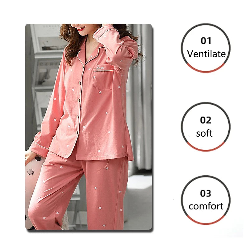 High Quality Large Size Women Cotton Pajamas Button down Tops and Trousers Set Sleepwear Homewear