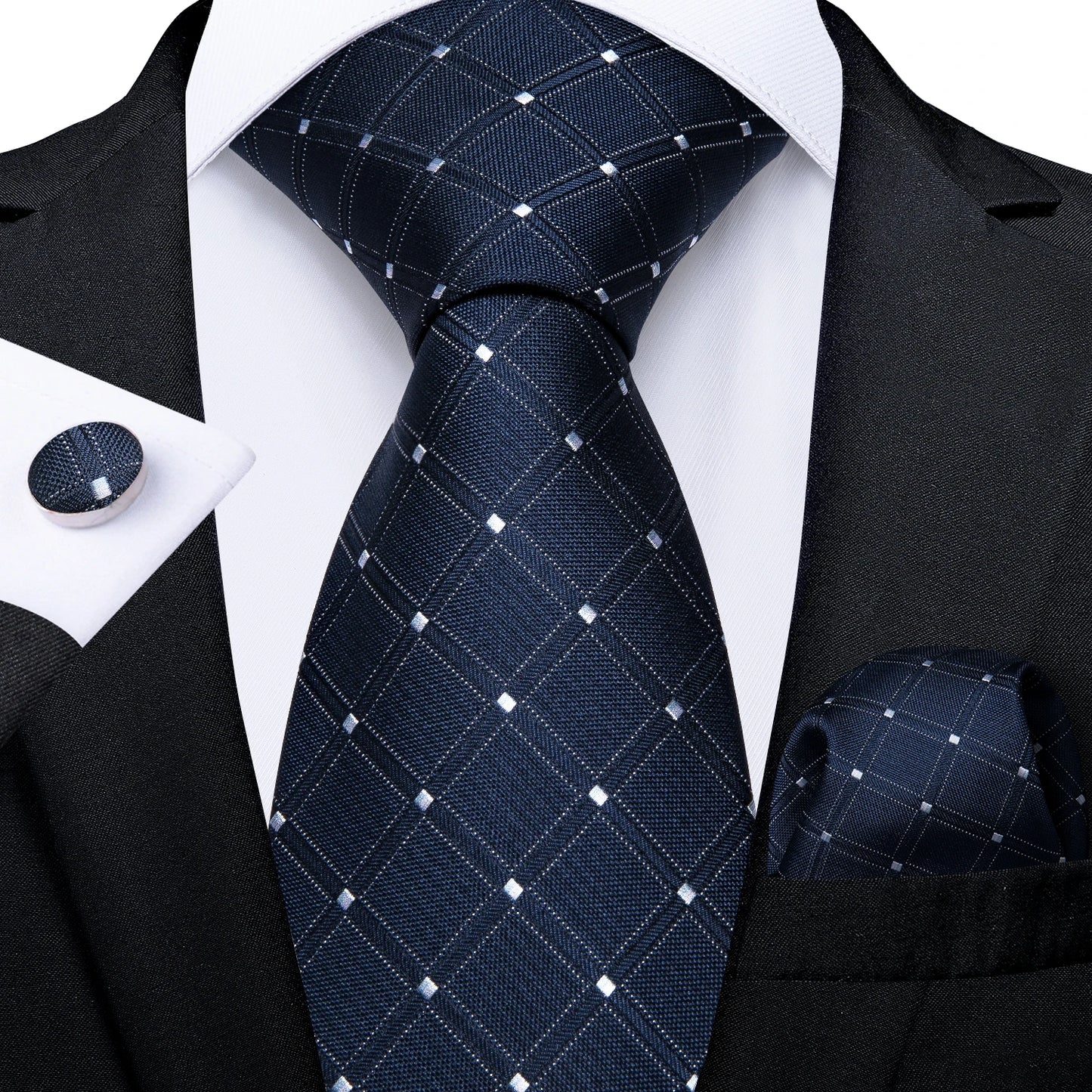 New Classic 100% Silk Men's Ties 8cm Blue Plaid Dot Striped Business Necktie Handkerchief Wedding Party Tie Set