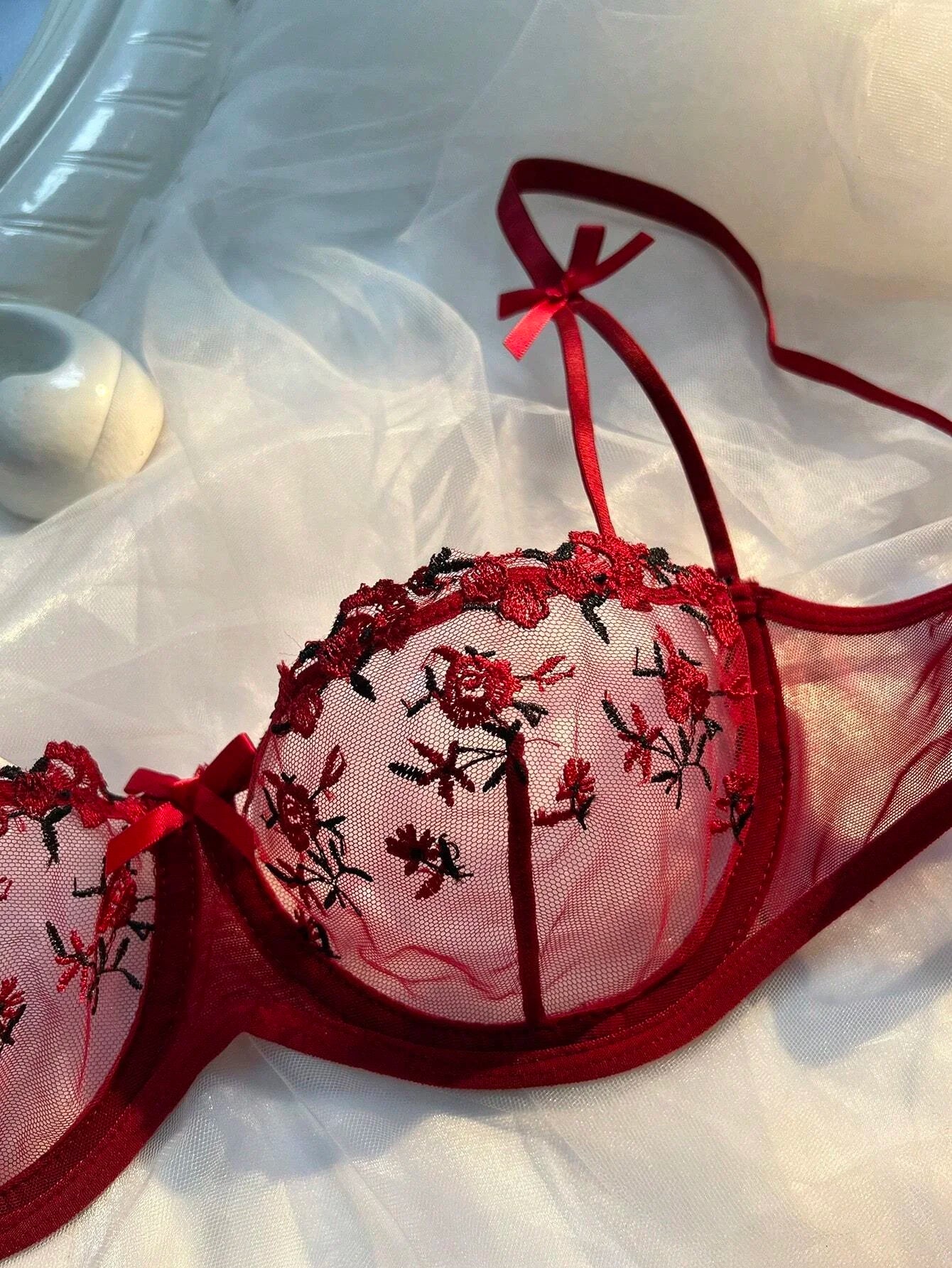 Beautiful Women Sexy 2 Piece Floral Embroidery Underwear Sets