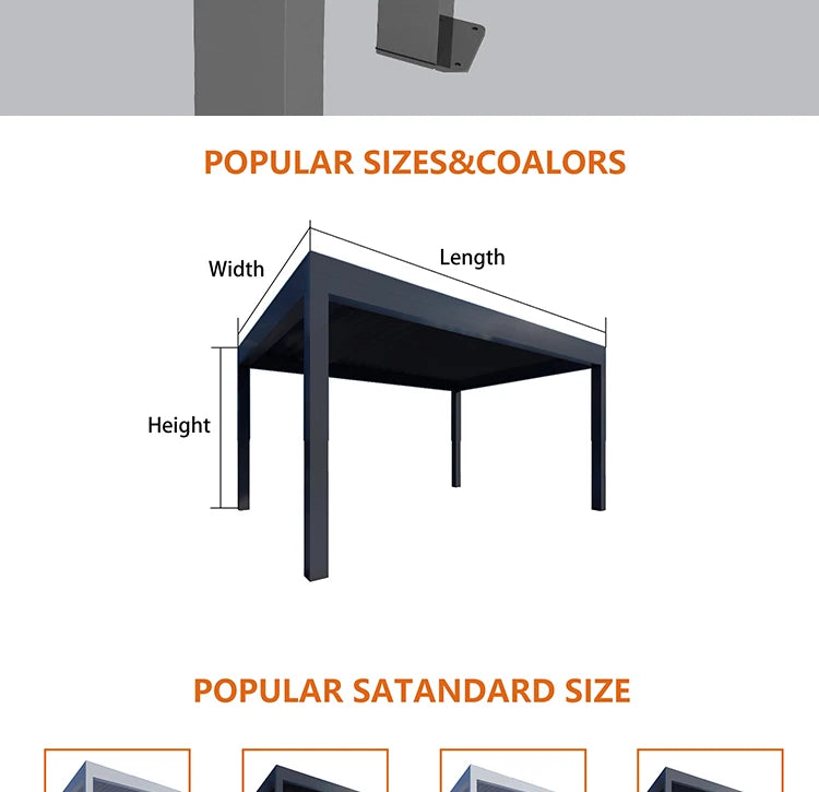 Aluminum pergola, rainproof, electrically adjustable gazebo, electric louvered awning, outdoor patio sunshade.