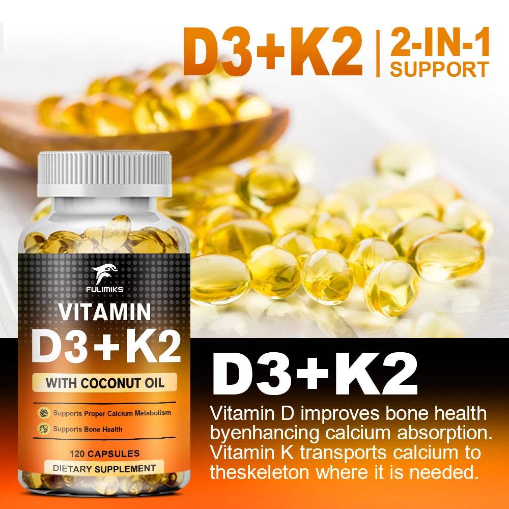 Vitamin D3+K2 Capsules, Heart Health, Bone and Joint Health Support, Suitable for Men and Women - D3 K2 Multivitamin Supplemen