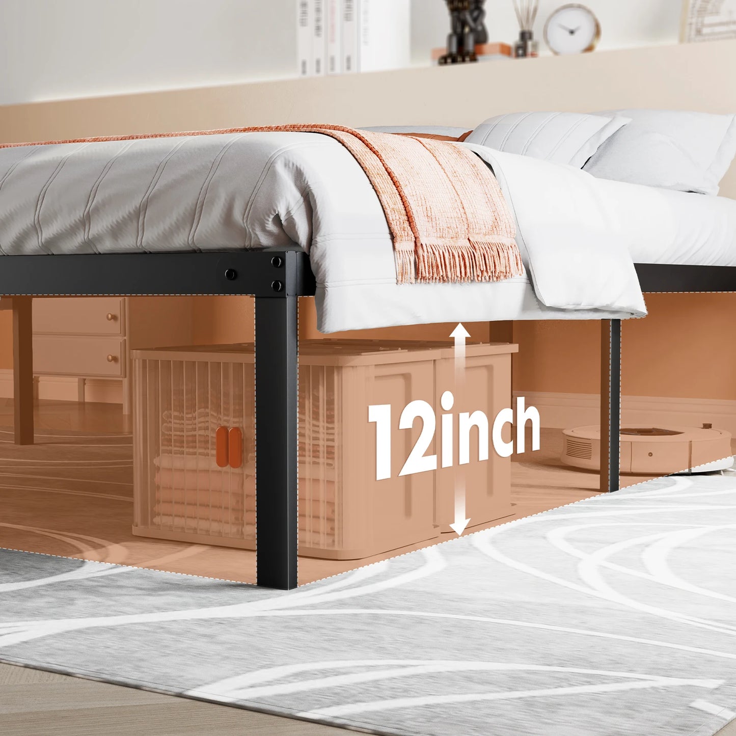 Basic Twin Full Queen King Size Bed Frame Metal Platform with Storage Space Sturdy Steel Slat Support 350LBS