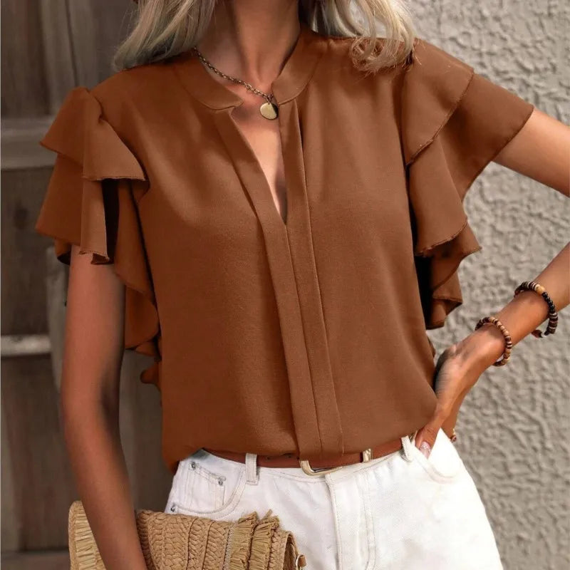 Elegant Women Summer Blouse V-neck Casual Double Layered Ruffle Sleeves