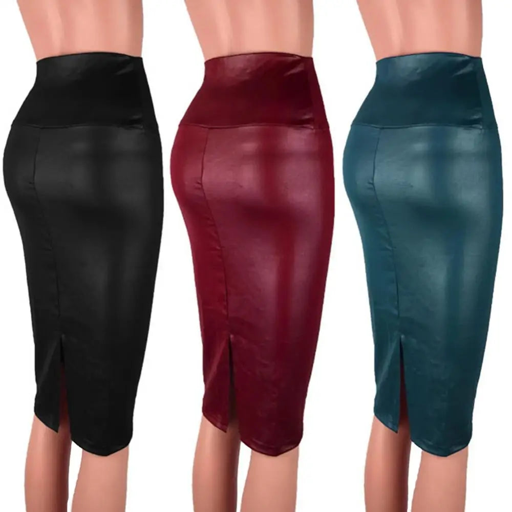 Elegant High Waist Split Faux Women Leather Pencil Skirt Knee Length