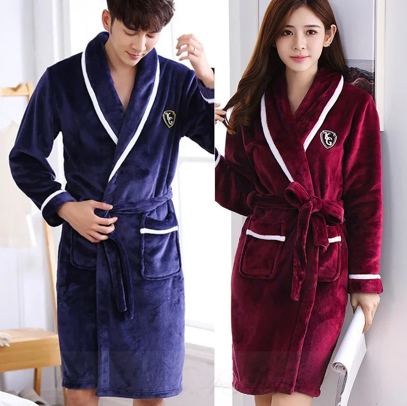 Thicken Warm Flannel Couple Robe Lounge Wear Winter Kimono Bathrobe Gown Sleepwear