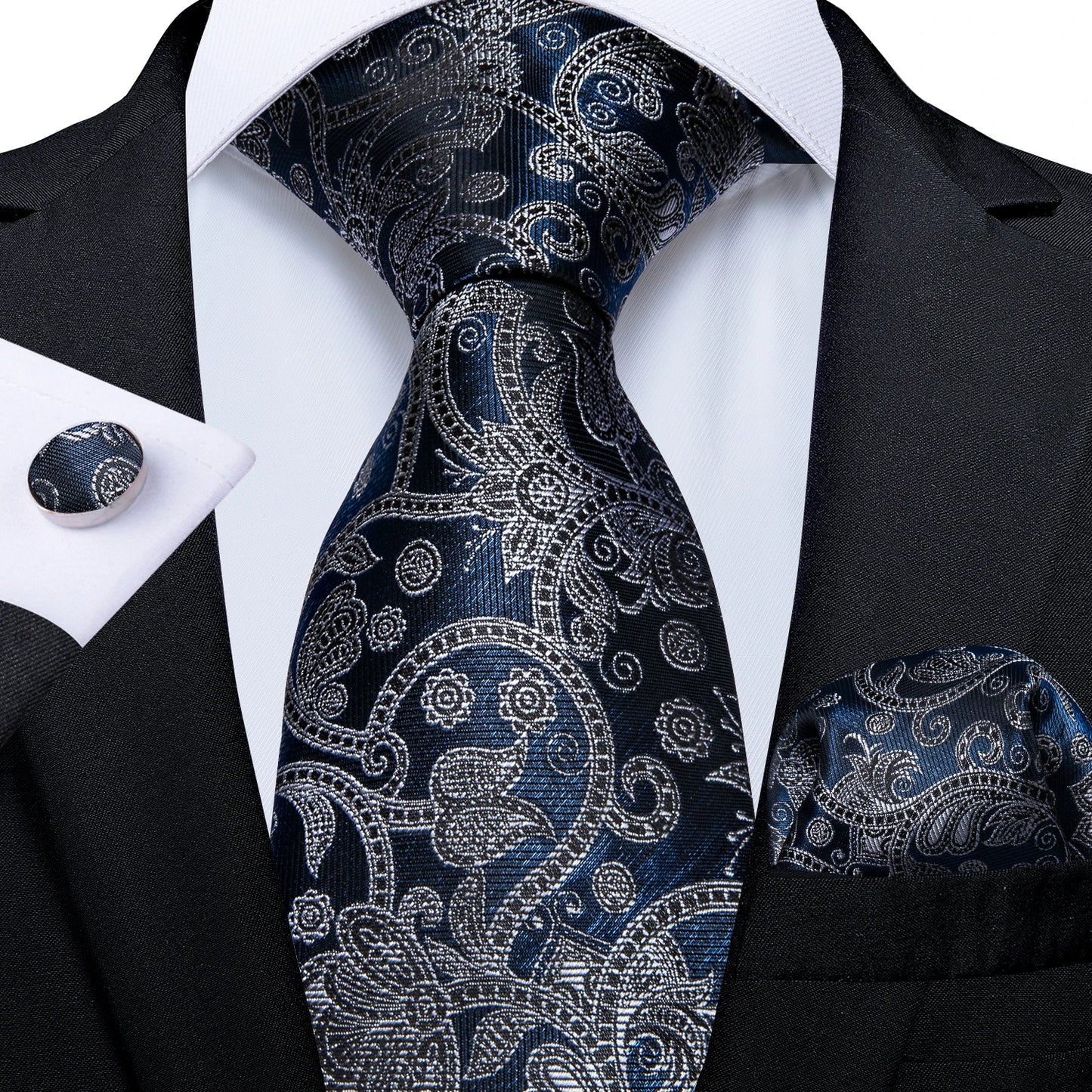 New Classic 100% Silk Men's Ties 8cm Blue Plaid Dot Striped Business Necktie Handkerchief Wedding Party Tie Set