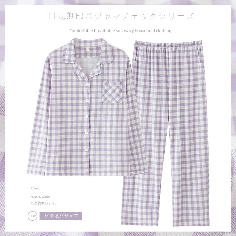 Cotton Couple Pajamas for Men and Women Spring and Autumn Pure Cotton Thin Plaid Long Sleeves Plus Size Outerwear