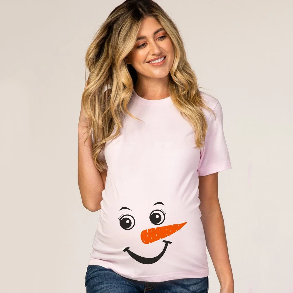 Christmas Pregnant Women T-shirt Snowman Cartoon Printed Pregnancy Announcement Clothes Maternity White Short Sleeve Top