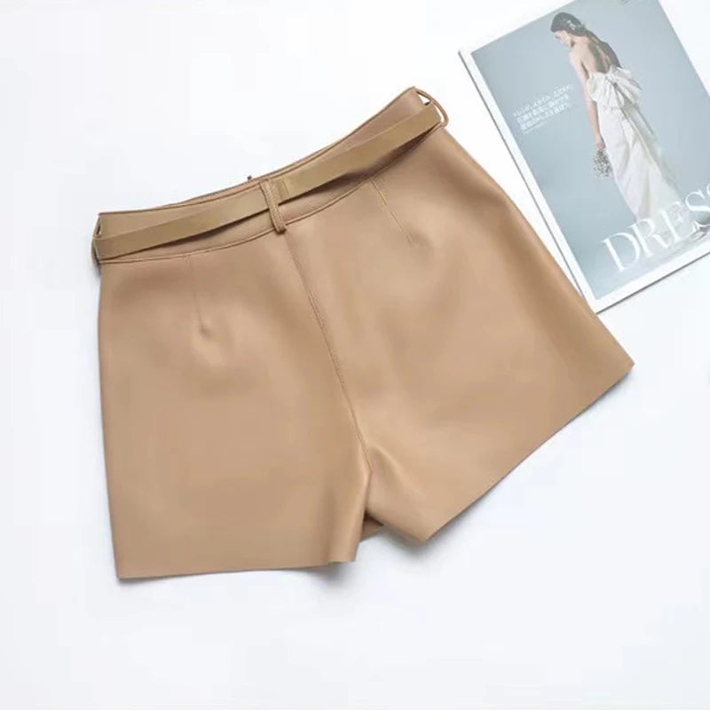Real Sheepskin Leather Women Shorts