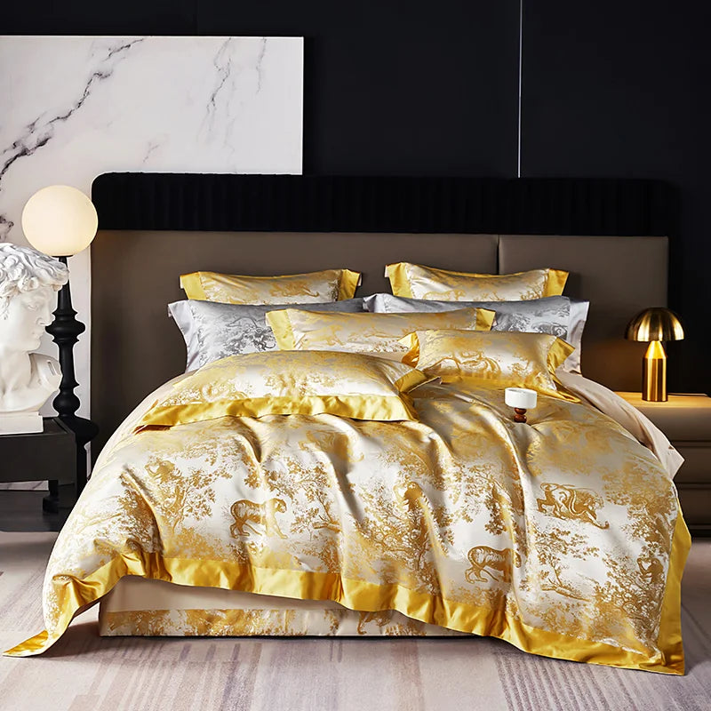 4/6Pcs Luxury Beige Gold Brocade Jacquard Egyptian Cotton Bedding Set Duvet Cover Flat/Fitted Bed Sheet Pillowcases