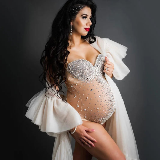 Luxurious Maternity Photography Sexy V Neck Rhinestones Pearls Stretch Jumpsuits Dress