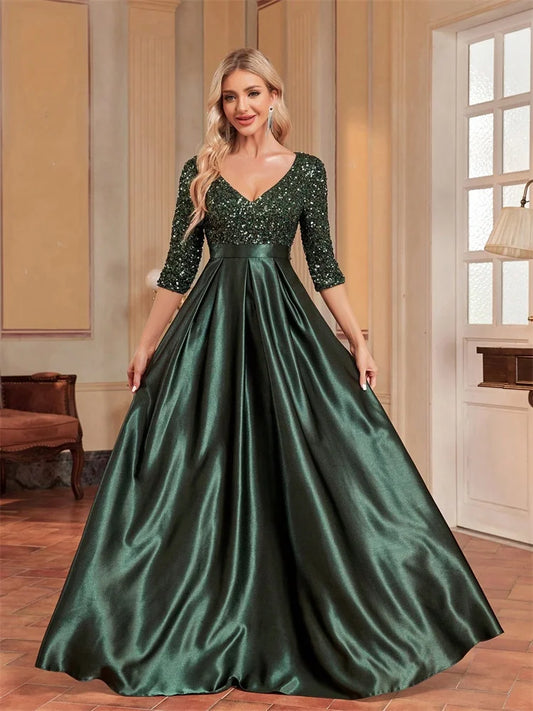 Elegant Short sleeve Sequins Evening Dress Satin Dress Floor Length Formal Cocktail Gown